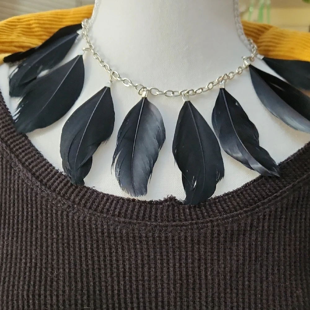 Black Feather Silver Chain Necklace Classic Choker Jewelry